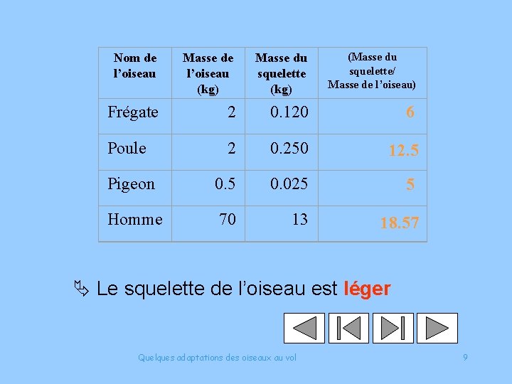 (Masse du squelette/ Masse de l’oiseau) Nom de l’oiseau Masse de l’oiseau (kg) Masse