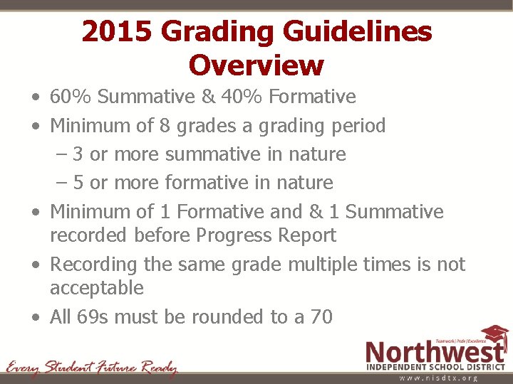 2015 Grading Guidelines Overview • 60% Summative & 40% Formative • Minimum of 8