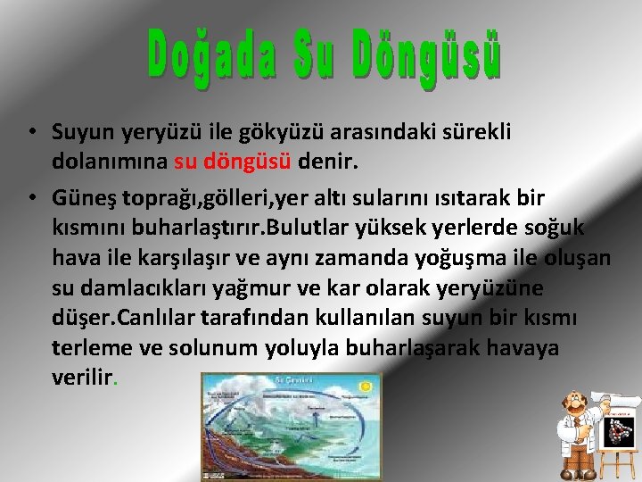  • Suyun yeryüzü ile gökyüzü arasındaki sürekli dolanımına su döngüsü denir. • Güneş