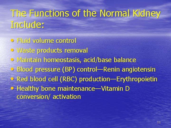 The Functions of the Normal Kidney Include: • Fluid volume control • Waste products