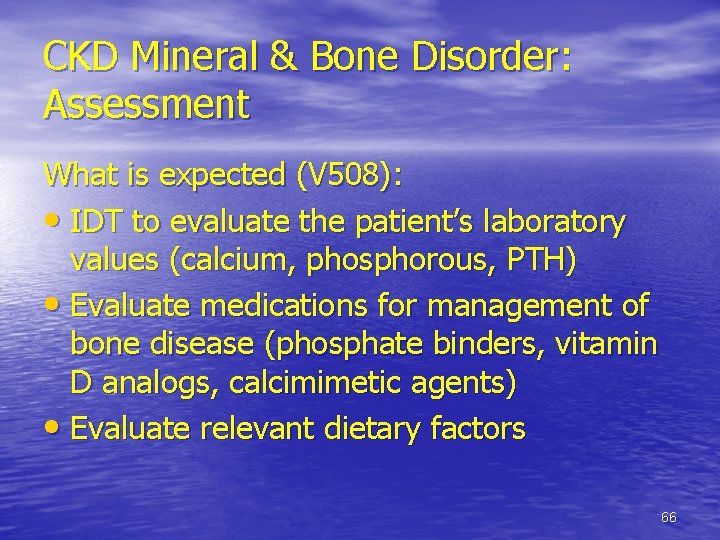 CKD Mineral & Bone Disorder: Assessment What is expected (V 508): • IDT to