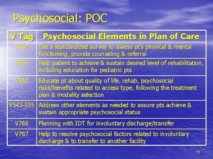 Psychosocial: POC V Tag Psychosocial Elements in Plan of Care V 552 Use a