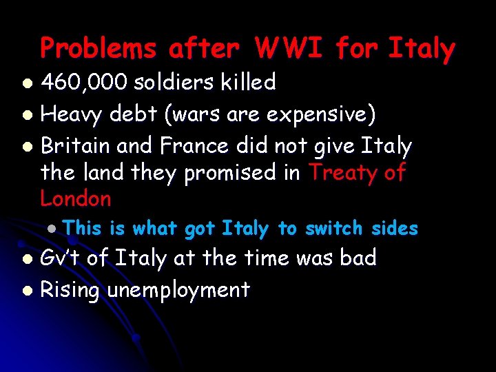Problems after WWI for Italy 460, 000 soldiers killed Heavy debt (wars are expensive) Problems after WWI for Italy 460, 000 soldiers killed Heavy debt (wars are expensive)
