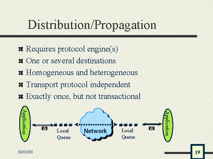 Distribution/Propagation Requires protocol engine(s) One or several destinations Homogeneous and heterogeneous Transport protocol independent
