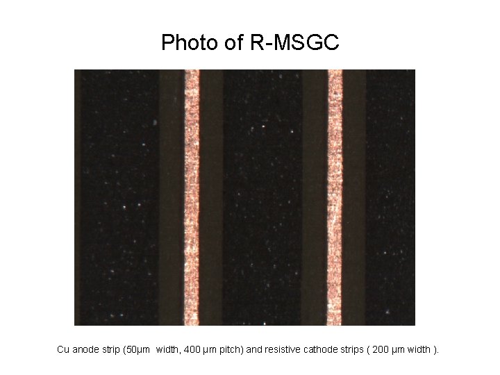 Photo of R-MSGC Cu anode strip (50μm width, 400 μm pitch) and resistive cathode