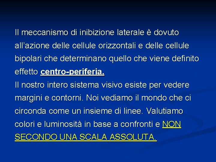 Il meccanismo di inibizione laterale è dovuto all’azione delle cellule orizzontali e delle cellule