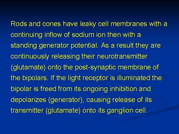 Rods and cones have leaky cell membranes with a continuing inflow of sodium ion
