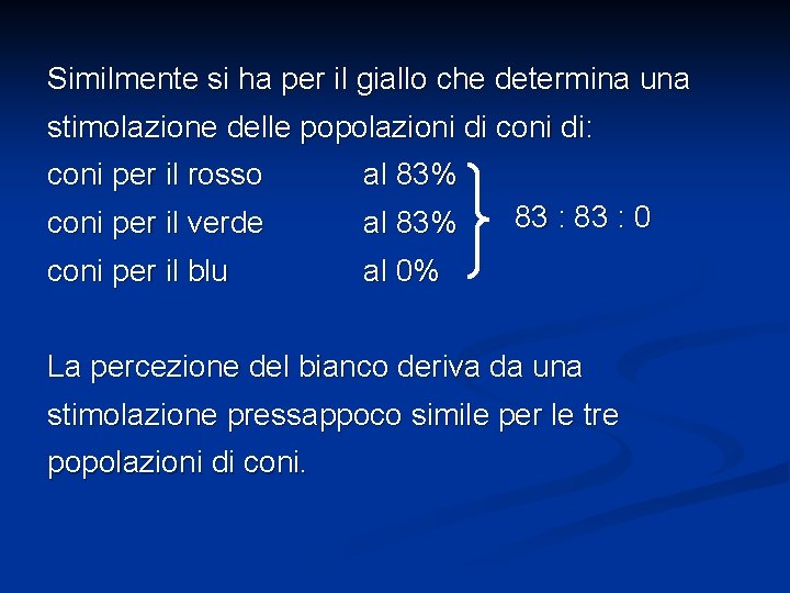 Similmente si ha per il giallo che determina una stimolazione delle popolazioni di coni