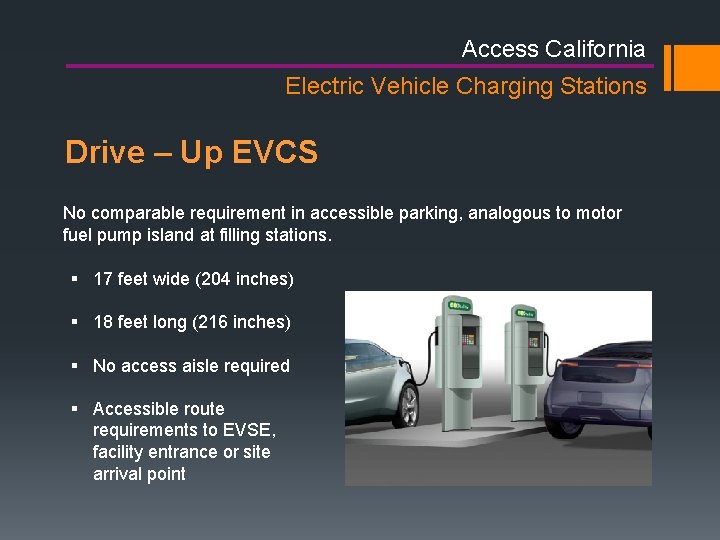 Access California Electric Vehicle Charging Stations Drive – Up EVCS No comparable requirement in Access California Electric Vehicle Charging Stations Drive – Up EVCS No comparable requirement in