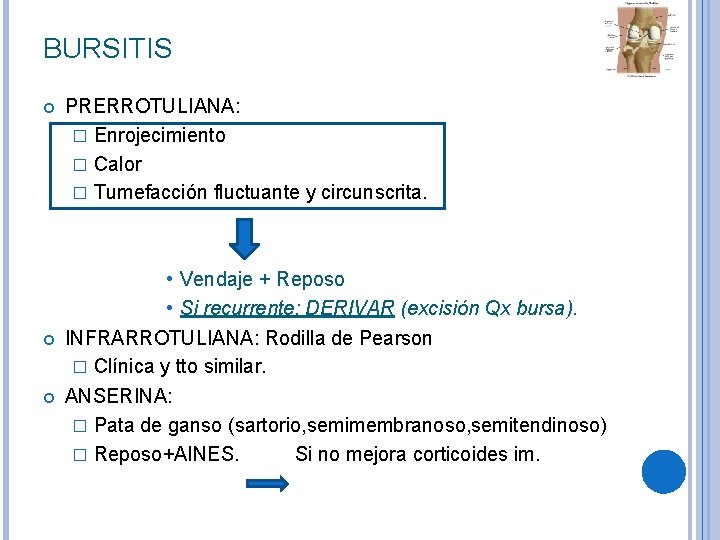 BURSITIS PRERROTULIANA: � Enrojecimiento � Calor � Tumefacción fluctuante y circunscrita. • Vendaje + BURSITIS PRERROTULIANA: � Enrojecimiento � Calor � Tumefacción fluctuante y circunscrita. • Vendaje +
