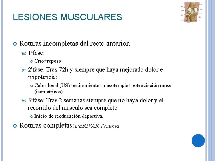 LESIONES MUSCULARES Roturas incompletas del recto anterior. 1ªfase: Crio+reposo 2ªfase: Tras 72 h y LESIONES MUSCULARES Roturas incompletas del recto anterior. 1ªfase: Crio+reposo 2ªfase: Tras 72 h y