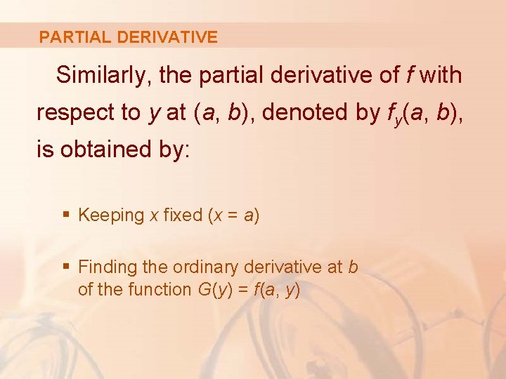 PARTIAL DERIVATIVE Similarly, the partial derivative of f with respect to y at (a,