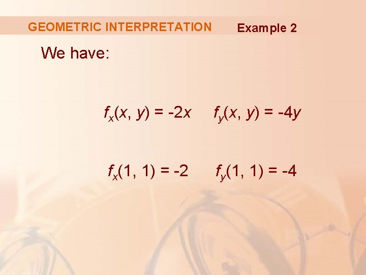 GEOMETRIC INTERPRETATION Example 2 We have: fx(x, y) = -2 x fy(x, y) =