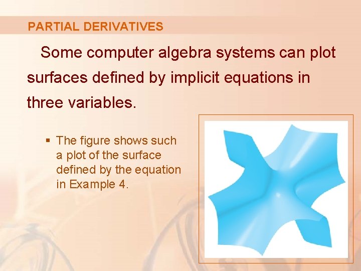 PARTIAL DERIVATIVES Some computer algebra systems can plot surfaces defined by implicit equations in