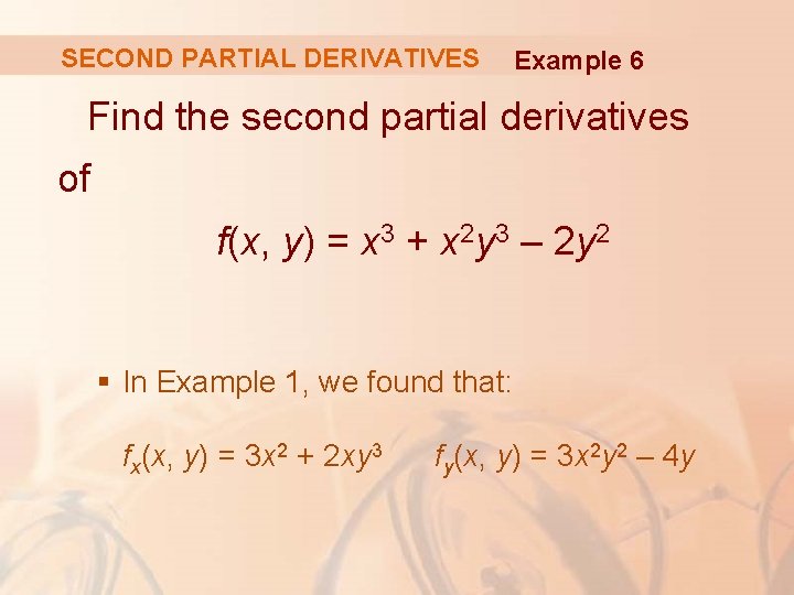 SECOND PARTIAL DERIVATIVES Example 6 Find the second partial derivatives of f(x, y) =