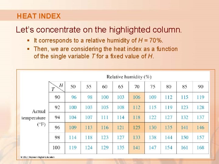 HEAT INDEX Let’s concentrate on the highlighted column. § It corresponds to a relative