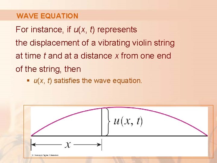 WAVE EQUATION For instance, if u(x, t) represents the displacement of a vibrating violin