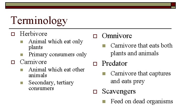 Terminology o Herbivore n n o Animal which eat only plants Primary consumers only