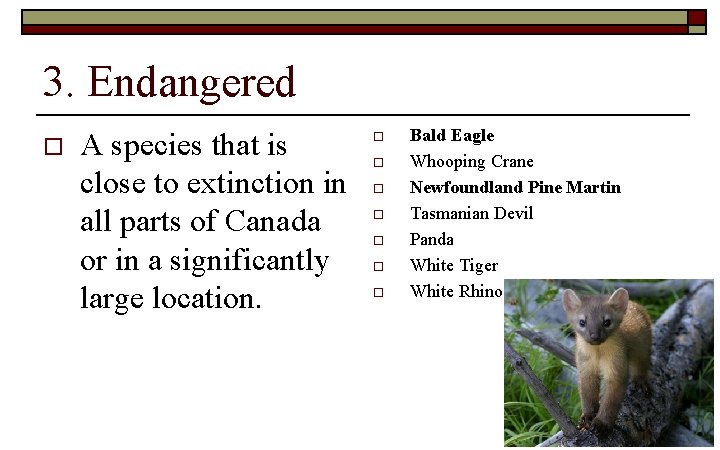 3. Endangered o A species that is close to extinction in all parts of