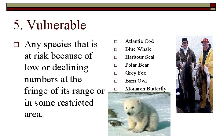 5. Vulnerable o Any species that is at risk because of low or declining