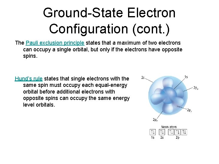 Ground-State Electron Configuration (cont. ) The Pauli exclusion principle states that a maximum of