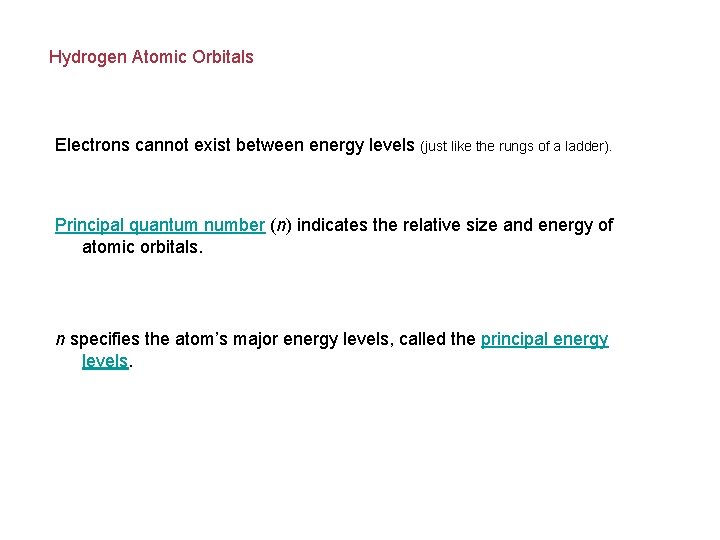 Hydrogen Atomic Orbitals Electrons cannot exist between energy levels (just like the rungs of