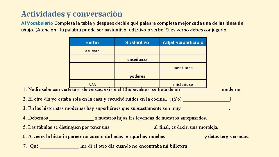 Actividades y conversación A) Vocabulario Completa la tabla y después decide qué palabra completa