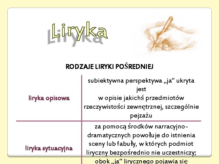 RODZAJE LIRYKI POŚREDNIEJ liryka opisowa liryka sytuacyjna subiektywna perspektywa „ja” ukryta jest w opisie