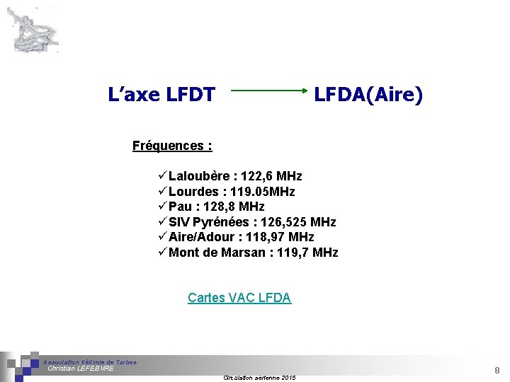 L’axe LFDT LFDA(Aire) Fréquences : üLaloubère : 122, 6 MHz üLourdes : 119. 05