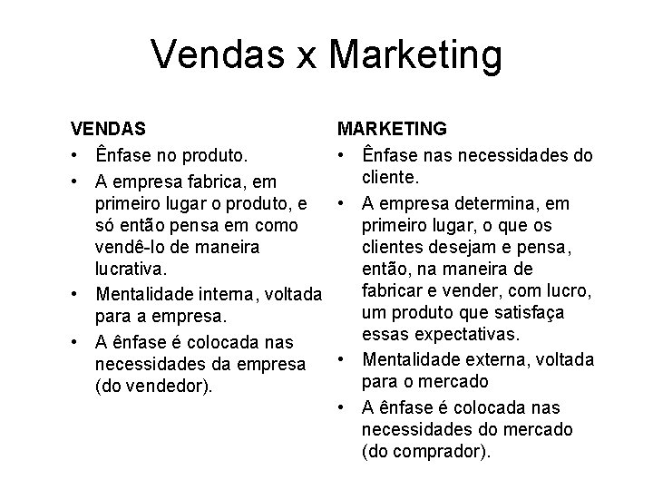Vendas x Marketing VENDAS • Ênfase no produto. • A empresa fabrica, em primeiro
