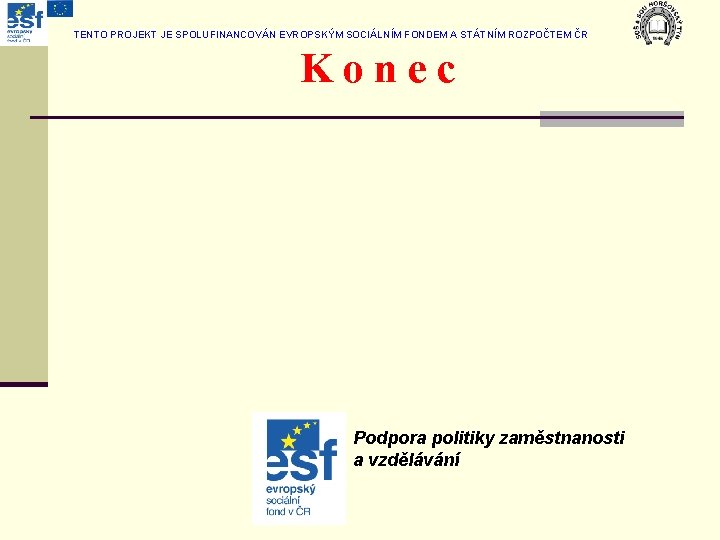 TENTO PROJEKT JE SPOLUFINANCOVÁN EVROPSKÝM SOCIÁLNÍM FONDEM A STÁTNÍM ROZPOČTEM ČR Konec Podpora politiky