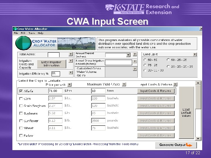 CWA Input Screen 17 of 22 