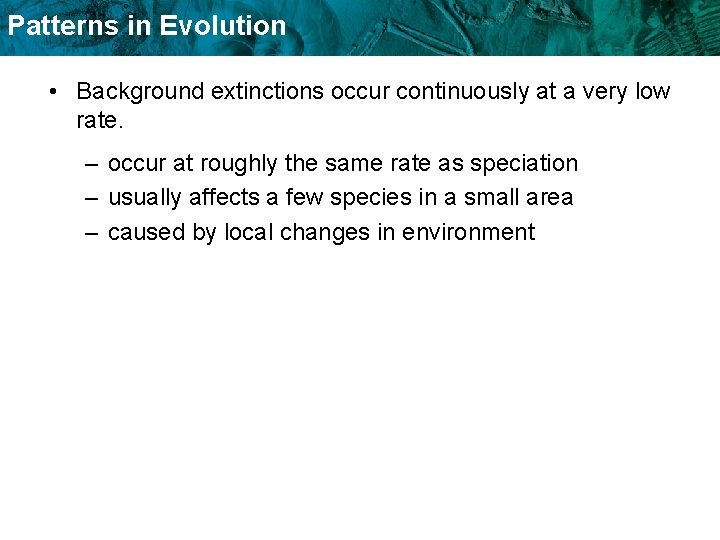 Patterns in Evolution • Background extinctions occur continuously at a very low rate. –