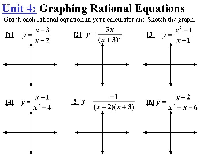 Unit 4: Graphing Rational Equations Graph each rational equation in your calculator and Sketch