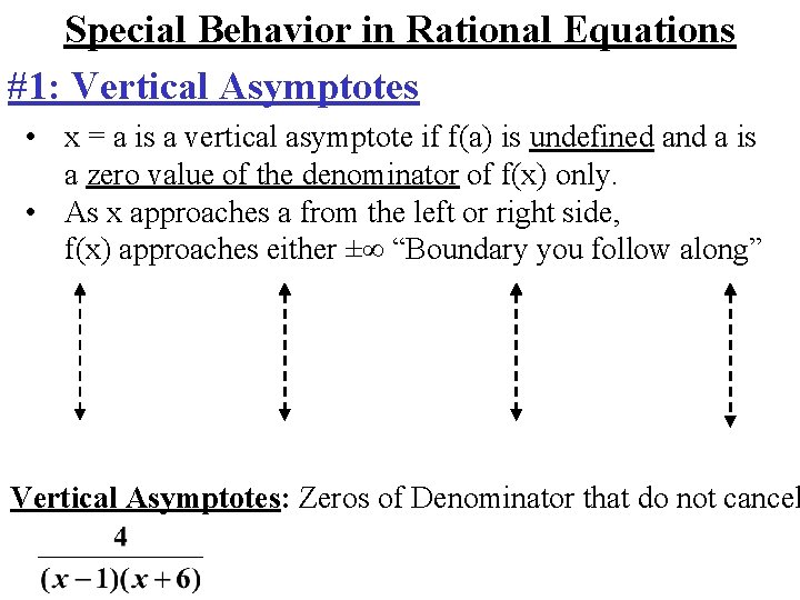 Special Behavior in Rational Equations #1: Vertical Asymptotes • x = a is a
