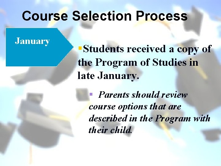 Course Selection Process January §Students received a copy of the Program of Studies in