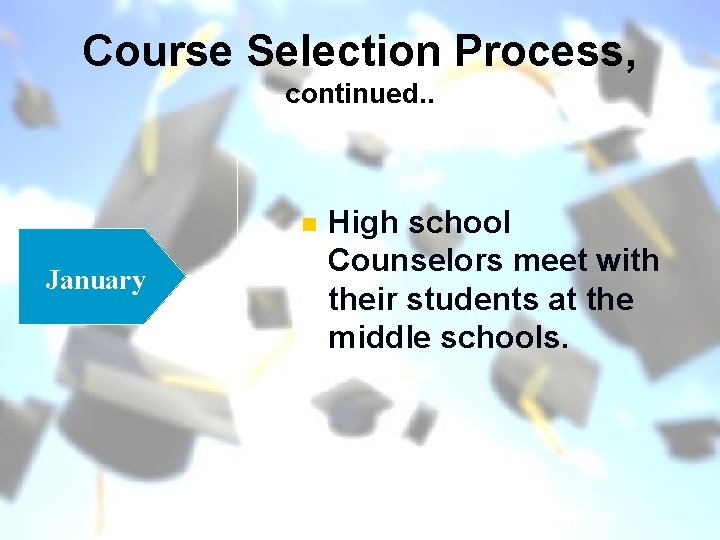 Course Selection Process, continued. . n January High school Counselors meet with their students