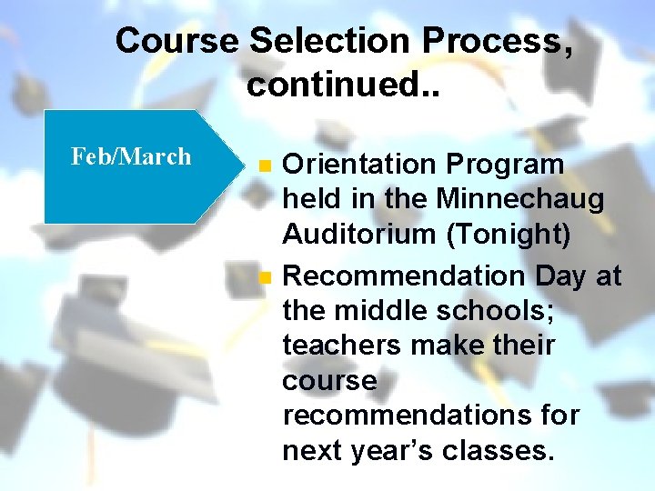 Course Selection Process, continued. . Feb/March n n Orientation Program held in the Minnechaug