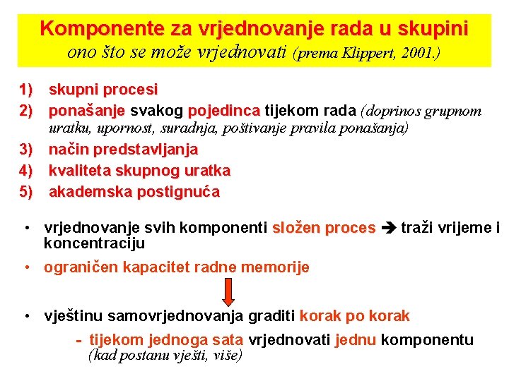 Komponente za vrjednovanje rada u skupini ono što se može vrjednovati (prema Klippert, 2001.