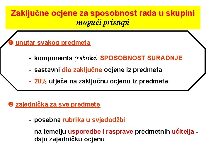 Zaključne ocjene za sposobnost rada u skupini mogući pristupi unutar svakog predmeta - komponenta