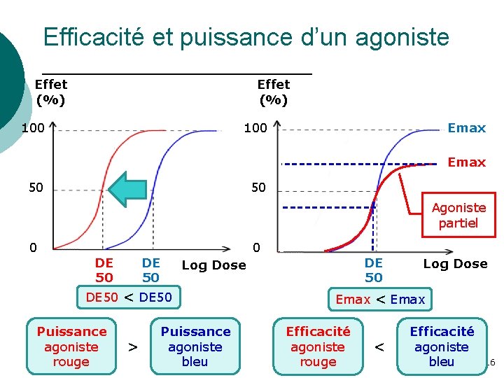 Efficacité et puissance d’un agoniste Effet (%) 100 Emax 50 50 Agoniste partiel 0