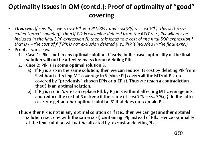 Optimality Issues in QM (contd. ): Proof of optimality of “good” covering • Theorem: