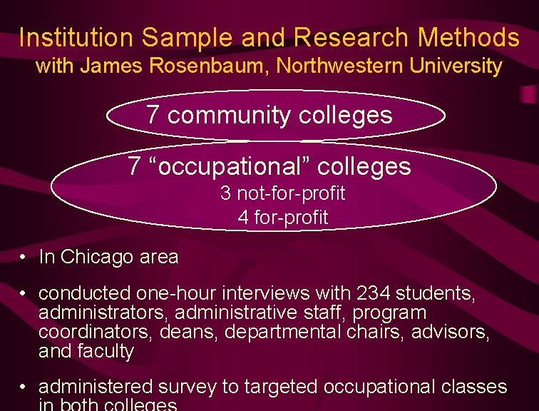 Institution Sample and Research Methods with James Rosenbaum, Northwestern University 7 community colleges 7