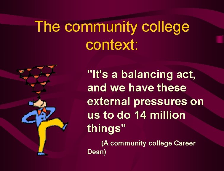 The community college context: "It's a balancing act, and we have these external pressures