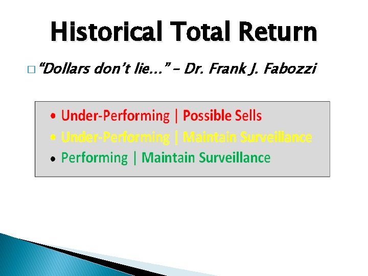 Historical Total Return � “Dollars don’t lie…” – Dr. Frank J. Fabozzi 