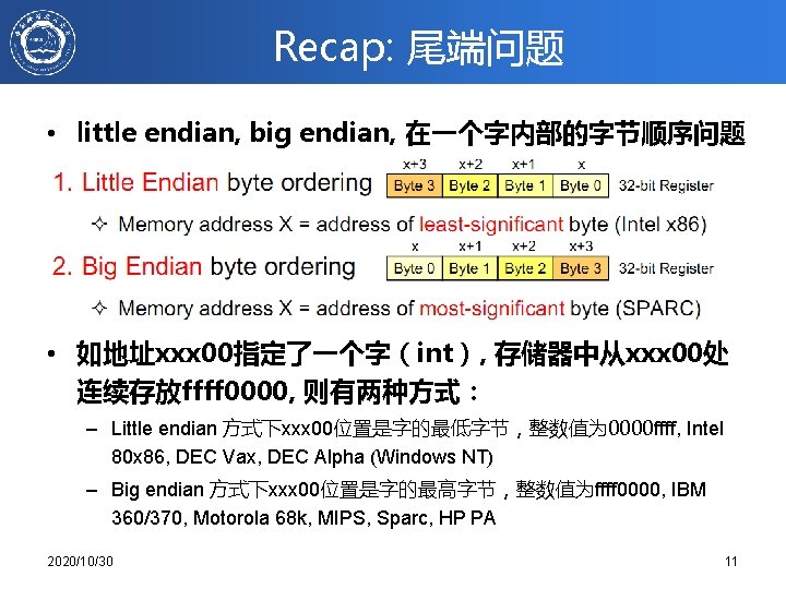 Recap: 尾端问题 • little endian, big endian, 在一个字内部的字节顺序问题 • 如地址xxx 00指定了一个字（int）, 存储器中从xxx 00处 连续存放ffff