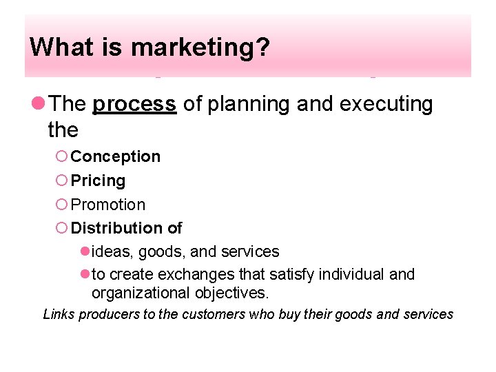 What is marketing? l The process of planning and executing the ¡Conception ¡Pricing ¡Promotion