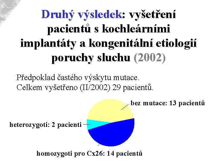 Druhý výsledek: vyšetření pacientů s kochleárními implantáty a kongenitální etiologií poruchy sluchu (2002) Předpoklad