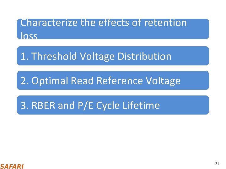 Characterize the effects of retention loss 1. Threshold Voltage Distribution 2. Optimal Read Reference