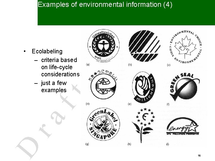 Examples of environmental information (4) D ra ft • Ecolabeling – criteria based on